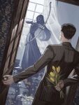  1boy 1girl aiming arm_behind_back black_hair bow_(weapon) broken_vase brown_suit commentary crying curtains dress english_commentary faceless faceless_male flower hair_slicked_back highres holding holding_bow_(weapon) holding_flower holding_weapon jaddddan long_hair marigold opening_door original pinstripe_jacket pinstripe_pattern pinstripe_suit short_hair standing suit tulip weapon window yellow_flower yellow_tulip 