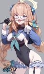  ahoge aqua_neckerchief black_gloves black_leotard blue_archive blue_shrug braid braided_twintails breasts commentary_request covered_navel fang feather_hair feathers frilled_thigh_strap gloves half_gloves halo halter_leotard halterneck highres holding holding_riding_crop impossible_clothes impossible_leotard large_breasts leotard long_hair looking_at_viewer low_twin_braids mini_hair_bow mofu_namako neckerchief official_alternate_costume open_mouth riding_crop semi-rimless_eyewear shimiko_(blue_archive) shimiko_(magical)_(blue_archive) shrug_(clothing) simple_background skin_fang smile solo super_highleg thigh_strap turtleneck turtleneck_leotard twin_braids watermark yellow_feathers yellow_halo 