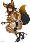  1girl absurdres ahoge animal_ear_fluff animal_ears ankle_cuffs arm_cuffs ass black_hair bodysuit breasts collar commentary commission cuffs english_commentary gradient_hair high_heels highres impossible_bodysuit impossible_clothes large_breasts latex latex_bodysuit looking_at_viewer lying maguro27 multicolored_hair nipples on_side orange_hair original pussy red_eyes see-through_bodysuit see-through_clothes shiny_clothes skin_tight smile solo tail thigh_cuffs uncensored white_background 