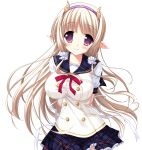  1girl back_bow blonde_hair bow breasts buttons collarbone demon_horns dot_nose double-breasted frilled_skirt frills game_asset hairband horns impossible_clothes julia_lin_road long_hair magical_marriage_lunatics!! miniskirt neck_ribbon non-web_source official_art plaid_clothes plaid_sailor_collar plaid_skirt pleated_skirt pointy_ears purple_eyes ribbon sailor_collar sakurasaka_tsuchiyu school_uniform serafuku shirt shoes short_sleeves simple_background skirt tachi-e transparent_background two-tone_shirt white_shirt 