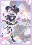  1girl :d alternate_costume asymmetrical_footwear asymmetrical_legwear black_capelet black_hat black_shoes black_skirt black_thighhighs blue_bow bow capelet collared_shirt colored_tips commentary contrast_collar drill_hair footwear_bow frills full_body green_bow hat heterochromia highres holding holding_spray_can jogasaki_noah long_hair mahou_shoujo_no_majo_saiban mismatched_footwear multicolored_hair neck_ribbon open_mouth paintbrush polka_dot polka_dot_background polka_dot_bow red_bow red_eyes ribbon shirt shoes skirt smile solo spray_can streaked_hair thighhighs twin_drills un_(prmc_aaa) white_hair white_shirt white_shoes white_thighhighs witch_hat yellow_bow yellow_eyes zettai_ryouiki zoom_layer 