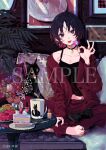  1girl barefoot black_camisole black_choker black_hair cake cake_slice camisole candy cat choker colored_inner_hair commentary_request copyright_name copyright_notice cosmetics cream cup donut flower food fruit fusuma_(nohbrk) gradient_hair heart heart_choker highres holding holding_candy holding_food holding_lollipop jacket jewelry kisaragi_ren_(vspo!) lollipop looking_at_viewer mug multicolored_hair multiple_rings nail_polish nail_polish_bottle official_art pants plant red_hair red_jacket red_pants ring sample_watermark short_hair solo strawberry strawberry_slice toenail_polish toenails virtual_youtuber vspo! watermark white_flower 
