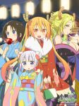  4girls :d alternate_hairstyle anime_coloring aqua_kimono bag bare_shoulders black_hair black_kimono blonde_hair blue_eyes blue_kimono blush breasts candy_apple checkered_sash cleavage closed_mouth commentary_request copyright_logo copyright_name copyright_notice cowboy_shot cup diagonal-striped_sash dot_nose double_bun dragon_girl dragon_horns elma_(maidragon) fang finger_to_mouth floral_print floral_print_kimono flower food fur-trimmed_kimono fur_trim furisode gradient_hair green_eyes green_hair hair_bun hair_flower hair_ornament hair_slicked_back hair_up hand_up handbag hands_up holding holding_bag holding_candy_apple holding_cup holding_food horns japanese_clothes kadowaki_miku kanna_kamui kanzashi kimono kobayashi-san_chi_no_maidragon lantern large_breasts logo long_hair long_sleeves looking_at_viewer looking_down looking_to_the_side lucoa_(maidragon) medium_breasts multicolored_hair multiple_girls night obi obiage obijime off_shoulder official_art one_eye_closed open_mouth orange_eyes orange_hair outdoors paper_lantern pinching_sleeves pink_hair print_kimono red_kimono sash seductive_smile short_hair sidelocks sideways_glance slit_pupils smile striped_sash tohru_(maidragon) triangle tsumami_kanzashi twintails two-tone_sash v_arms very_long_hair wavy_sidelocks wide_sleeves 