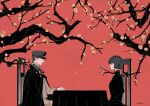  1boy 1girl black_hair blunt_bangs bob_cut branch cape chair closed_mouth commentary flower from_side gghost0627 hat highres jacket long_sleeves looking_at_another military_hat original peaked_cap plum plum_blossoms profile red_background short_hair signature simple_background sitting table tablecloth tree 