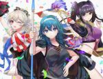  3girls :d :o ;d arm_up armpits bare_arms black_hair black_jacket black_unitard blue_eyes blue_hair blunt_bangs blush breasts cheerleader closed_mouth commentary_request crop_top dolphin_shorts female_byleth_(cheer_power)_(fire_emblem) female_byleth_(fire_emblem) female_corrin_(cheer_power)_(fire_emblem) female_corrin_(fire_emblem) fire_emblem fire_emblem:_three_houses fire_emblem_awakening fire_emblem_fates fire_emblem_heroes flag frown grey_hair grey_shirt grey_shorts hair_between_eyes hairband hand_on_own_hip hand_up hands_up headband holding holding_baton holding_javelin holding_pom_poms jacket jacket_on_shoulders javelin_(spear) kakiko210 large_breasts long_hair looking_at_viewer midriff multiple_girls official_alternate_costume official_alternate_hairstyle one_eye_closed open_mouth parted_lips pointy_ears pom_pom_(cheerleading) ponytail purple_headband purple_shirt purple_shorts red_eyes shirt shorts skirt sleeveless sleeveless_shirt smile sparkle tharja_(dour_cheer)_(fire_emblem) tharja_(fire_emblem) thighs track_jacket twintails white_background white_hairband white_shirt 