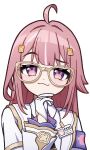  1girl absurdres ahoge bailu_youyun bear-shaped_pupils blunt_bangs colored_eyelashes commentary glasses gloves hair_ornament hand_on_own_chin highres honkai_(series) honkai_impact_3rd id_card jacket long_hair looking_at_viewer mismatched_eyebrows mismatched_eyelashes pink_hair pink_pupils purple_eyes shuni_valentine smirk solo upper_body white_gloves white_jacket yellow-framed_eyewear 