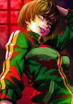  1girl absurdres breasts brown_hair commentary_request green_jacket highres jacket looking_at_viewer medium_breasts oeilvert_fft persona persona_4 persona_4_revival satonaka_chie shadow_chie short_hair solo tongue tongue_out watermark yellow_eyes 