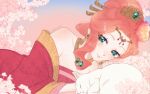  1girl bare_shoulders blush breasts cat cherry_blossoms cleavage collarbone commentary dress earrings flower green_eyes gyokuyou_(kusuriya_no_hitorigoto) hair_flower hair_ornament highres jewelry kusuriya_no_hitorigoto lips lying necklace on_side orange_hair smile solo white_cat yukiooromi 