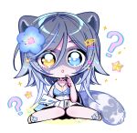  1girl 3am ? ?? animal_ears bikini blue_bikini blue_eyes blue_flower blue_hair blue_tail breasts celiestite chibi cleavage colored_skin eye_mask flower hair_flower hair_ornament heterochromia hibiscus jewelry looking_at_viewer mask necklace pink_skin raccoon_ears raccoon_girl raccoon_tail sarong short_hair sitting snuffy_(swimsuit)_(vtuber) snuffy_(vtuber) solo star_(symbol) star_hair_ornament star_necklace swimsuit tail virtual_youtuber white_sarong yellow_eyes 