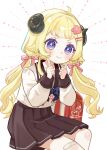  1girl animal_ears backpack bag bandaid bandaid_on_knee bandaid_on_leg blonde_hair blue_bow blush bow brown_sailor_collar brown_skirt closed_mouth commentary hair_bow hands_up highres hololive horns index_fingers_raised long_hair low_twintails pink_bow pleated_skirt purple_eyes randoseru rino_cnc sailor_collar school_uniform serafuku sheep_ears sheep_girl sheep_horns shirt sitting skirt smile solo tsunomaki_watame tsunomaki_watame_(young) twintails unworn_bag very_long_hair virtual_youtuber white_background white_shirt 