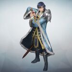  1boy armor artist_request black_boots blue_coat blue_eyes blue_hair blue_robe boots character_request check_character chrom_(crowned_exalt)_(fire_emblem) chrom_(fire_emblem) closed_mouth coat commentary_request falchion_(fire_emblem) fire_emblem fire_emblem_awakening fire_emblem_warriors full_body fur-trimmed_coat fur-trimmed_robe fur_trim gold_trim grey_background holding holding_sword holding_weapon looking_at_viewer male_focus official_alternate_costume official_art robe royal_robe scabbard second-party_source sheath short_hair shoulder_armor solo standing sword tiara weapon 
