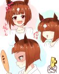  1girl 1other alternate_hairstyle animal_ears blunt_bangs blush closed_mouth commentary_request hair_over_eyes hand_mirror highres holding holding_mirror horse_ears horse_girl long_bangs looking_at_mirror mirror nishi_koutarou open_mouth shaded_face shirt short_bangs smile t-head_trainer_(umamusume) trainer_(umamusume) transcend_(umamusume) translation_request umamusume upper_body white_shirt 