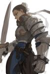  1girl absurdres adapted_costume armor artist_name belt black_pantyhose bracelet breastplate brown_hair bun_cover chun-li dagger determined earrings fantasy gauntlets gorget hair_bun highres holding holding_sword holding_weapon jewelry knife knife_sheath morry pantyhose pauldrons pearl_earrings pelvic_curtain sheath shoulder_armor sketch spiked_bracelet spiked_pauldrons spikes street_fighter sword unfinished weapon white_background 