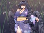  1girl :d ;d bandana black_hair black_wings blush braid breasts cleavage commentary_request cowboy_shot curvy fireworks_print hair_between_eyes hair_intakes highres holding holding_tanzaku huge_breasts japanese_clothes kimono long_hair looking_at_viewer mo23 night obi one_eye_closed open_mouth original purple_eyes purple_kimono sash smile solo summer_festival tanabata tanzaku teriha_(mo23) upper_body wide_hips wide_sleeves wings yukata 