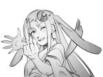  1girl animal_ears blush cho_kaguya-hime! commentary fang finger_heart greyscale kaguya_(cho_kaguya-hime!) kaguya_(tsukuyomi)_(cho_kaguya-hime!) monochrome one_eye_closed open_mouth pom_dovu rabbit_ears rabbit_girl sidelocks simple_background solo untranslatable_commentary upper_body white_background 