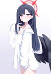  1girl absurdres b1nu2527 bare_shoulders black_hair black_wings blue_archive blue_eyes commentary_request cowboy_shot dress_shirt from_side gradient_background grey_background halo highres ichika_(blue_archive) korean_commentary long_hair looking_at_viewer looking_to_the_side low_wings naked_shirt oversized_clothes oversized_shirt red_halo shirt sleeves_past_wrists solo standing unusually_open_eyes white_background white_shirt wings 