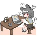  1girl ? absurdres animal_ears blush capelet commentary_request computer full_body grey_capelet grey_hair grey_shoes grey_skirt highres kurotaro laptop long_sleeves mary_janes mouse_(animal) mouse_ears mouse_girl mouse_tail nazrin open_mouth photo_(object) red_eyes shirt shoes short_hair sitting skirt socks solo spoken_question_mark stool table tail toramaru_shou touhou white_background white_shirt white_socks 