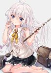  1girl ahoge armpit_crease bag barefoot black_skirt blue_eyes braid breasts broom broom_riding center_frills collared_shirt commentary_request elaina_(majo_no_tabitabi) fingernails frills grey_hair hair_between_eyes highres looking_at_viewer majo_no_tabitabi nail_polish pink_nails pleated_skirt popokki ribbon shirt sitting skirt sleeveless sleeveless_shirt small_breasts solo toenails toes white_shirt yellow_ribbon 