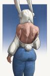  1girl absurdres alternate_costume animal_ears ass back bare_back bare_shoulders blue_background boku_no_hero_academia border commentary dark-skinned_female dark_skin denim facing_away from_behind gradient_background highres jeans long_eyelashes long_hair long_sleeves median_furrow mirko off-shoulder_sweater off_shoulder pants parted_bangs rabbit_ears rabbit_girl rabbit_tail shoulder_blades solo sweater tail tail_through_clothes the_antin thighs tight_clothes tight_pants toned toned_female white_border white_hair white_sweater 