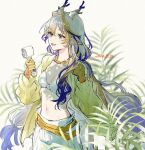  1girl anohito_human arknights belt blonde_hair blue_eyes blue_hair blue_horns bra breasts cleavage colored_extremities commentary cowboy_shot dated fern hand_fan handheld_electric_fan hands_up highres holding holding_fan horns jewelry long_hair multicolored_hair multicolored_horns navel necklace open_mouth pants pointy_ears shu_(arknights) smile solo stomach underwear very_long_hair white_bra white_hair white_horns white_pants yellow_belt yellow_hands 