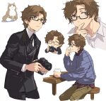  1boy :3 animal black-framed_eyewear black_jacket black_pants blue_sweater brown_eyes brown_hair brown_pants camera cat commentary_request cropped_legs dress_shirt gekkoukan_high_school_uniform hiraga_keisuke holding holding_camera isa_(peien516) jacket looking_at_viewer male_focus multiple_views neck_ribbon pants persona persona_3 plaid_clothes plaid_shirt rectangular_eyewear ribbon school_uniform semi-rimless_eyewear shirt short_hair sideways_glance simple_background sitting sweater under-rim_eyewear white_background white_shirt 