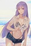  1girl bare_legs bikini black_bikini breasts cleavage collared_shirt denim denim_shorts gundam gundam_zz kasumi_(skchkko) large_breasts long_hair navel open_clothes open_shirt outdoors purple_eyes purple_hair roux_louka shirt short_shorts short_sleeves shorts swimsuit wet wet_clothes wet_shirt white_shirt 
