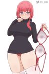  1girl absurdres artist_name black_scrunchie black_sweater blush bra breasts closed_mouth commentary covered_nipples el_bin english_commentary go-toubun_no_hanayome hair_ornament hair_scrunchie highres holding holding_bra holding_underwear holding_unworn_clothes large_breasts long_hair long_sleeves looking_at_viewer nakano_nino panties pink_hair presenting_bra purple_eyes red_bra red_panties scrunchie simple_background smile solo sweater thighhighs thighs twintails twitter_logo twitter_username underwear white_background white_thighhighs 