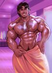  1boy abs adam's_apple bara biceps broad_shoulders brown_eyes brown_hair collarbone commentary commission cowboy_shot english_commentary facial_hair grin groin hand_on_own_hip highres huge_pectorals lips locker locker_room male_focus muscular muscular_arms muscular_male navel nipples nose original pubic_hair pubic_hair_peek purple_light purple_theme raised_eyebrow shiny_skin smile solo thick_neck thick_thighs thighs towel towel_around_waist v-taper vanchromee veins veiny_arms veiny_stomach wet 