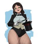  1girl artist_name black_bow black_bowtie black_hair black_leotard black_lips black_tailcoat bow bowtie breasts dc_comics earrings fishnet_pantyhose fishnets gloves green_eyes hat highres jacket jewelry leotard magician magician's_wand pantyhose pencilkami smile solo star_(symbol) star_earrings top_hat vest white_gloves zatanna_zatara 