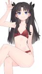  1girl absurdres bikini black_hair blue_eyes blush bow commentary fate/stay_night fate_(series) hair_bow highres long_hair mntt navel red_bikini sitting smile swimsuit tohsaka_rin two_side_up waving 
