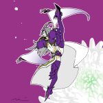  1boy boots codpiece cropped_jacket feather_hair_ornament feathers final_fantasy final_fantasy_ix fingerless_gloves flower gloves grey_hair groin hair_ornament jacket kuja leg_up long_hair male_focus midriff mochi_(hanamaruudondesu) parted_bangs parted_lips purple_background purple_boots purple_gloves purple_jacket showgirl_skirt signature solo thigh_boots trap white_flower white_sleeves wide_sleeves 