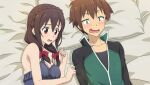  1boy 1girl anime_coloring bare_shoulders black_jacket black_nightgown black_shirt blush bow braid breasts brown_hair cleavage constricted_pupils crown_braid game_asset green_eyes green_jacket hair_bow highres jacket kono_subarashii_sekai_ni_shukufuku_wo! kono_subarashii_sekai_ni_shukufuku_wo!_kono_yokubukai_game_ni_shinpan_o! large_breasts looking_down low_twintails lying multicolored_jacket nightgown non-web_source official_art on_back on_bed on_side open_mouth partially_open_jacket pillow raised_inner_eyebrows red_bow red_eyes satou_kazuma self-datamine shirt short_hair smile track_jacket twintails two-tone_jacket upper_body variant_set yunyun_(konosuba) 
