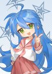  1girl :3 :d absurdres ahoge blue_hair blush chinese_commentary commentary_request cowboy_shot dated dotted_background english_text green_eyes hand_on_own_hip highres index_finger_raised izumi_konata kurokami_nekoya long_hair looking_at_viewer lucky_star mole mole_under_eye neckerchief open_mouth pink_neckerchief pleated_skirt red_sailor_collar red_skirt ryouou_school_uniform sailor_collar school_uniform serafuku signature skirt smile solo star_(symbol) 