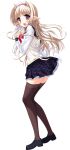  1girl back_bow blonde_hair bow breasts demon_horns dot_nose frilled_skirt frills from_behind full_body game_asset hairband horns julia_lin_road loafers long_hair long_sleeves looking_back magical_marriage_lunatics!! miniskirt neck_ribbon non-web_source official_art plaid_clothes plaid_sailor_collar plaid_skirt pleated_skirt pointy_ears purple_eyes ribbon sailor_collar sakurasaka_tsuchiyu school_uniform serafuku shirt shoes simple_background skirt tachi-e thighhighs transparent_background two-tone_shirt white_shirt 