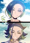  1boy 1girl adaman_(pokemon) black_choker black_hair blue_eyeliner blue_sky choker cloud commentary_request earrings eyebrows_hidden_by_hair eyeliner green_hair highres index_finger_raised jewelry look-alike makeup mitsuha_(bless_blessing) multicolored_hair perrin_(pokemon) pink_lips pokemon pokemon_legends:_arceus pokemon_scarlet_and_violet ponytail short_hair single_earring sky smile 