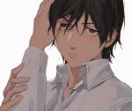 2boys black_hair closed_mouth commentary_request dress_shirt hair_undone hand_on_another's_head hiraga_keisuke isa_(peien516) looking_at_viewer male_focus multiple_boys odagiri_hidetoshi open_collar out_of_frame persona persona_3 pov pov_hands shirt short_hair simple_background solo_focus white_background 