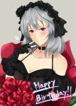  1girl absurdres artist_name assault_lily bare_shoulders black_collar black_gloves black_hairband black_shirt blush breasts center_frills cleavage clothing_cutout collar collarbone commentary_request elbow_gloves fingerless_gloves floral_print flower frilled_hairband frilled_shirt frills gloves grey_background grey_hair grin hair_between_eyes hairband halter_shirt halterneck hand_up happy_birthday hata_matsuri highres large_breasts lolita_hairband looking_at_viewer medium_hair o-ring_collar parted_lips pendant_collar print_gloves purple_eyes red_flower red_rose rose senri_(senri03151221) shirt short_sleeves shoulder_cutout simple_background smile solo upper_body variant_set 