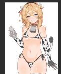  1boy animal_ear_hairband animal_ears animal_print bell bikini bridget_(guilty_gear) bulge commentary cow_ear_hairband cow_ears cow_print cow_print_bikini cow_print_gloves cow_tail cowbell cowboy_shot crossdressing crossdressing_(mtf) elbow_gloves fake_animal_ears fake_horns fake_tail gloves grin guilty_gear guilty_gear_strive hairband half-closed_eyes hand_up highleg highleg_bikini horn_hairband horns male_focus naughty_face navel neck_bell print_bikini print_gloves side-tie_bikini_bottom simple_background sketch smile solo standing sweat swimsuit tail thighs trap udapoop unfinished white_background wide_hips 