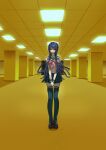  1girl absurdres backrooms_(creepypasta) black_thighhighs blue_eyes blue_hair bow bowtie danganronpa:_trigger_happy_havoc danganronpa_(series) hair_ornament hairclip highres long_hair long_sleeves looking_at_viewer maizono_sayaka pink_bow pink_bowtie pleated_skirt sailor_collar school_uniform shirt simple_background sitting skirt smile solo thighhighs ubugoe_0055 