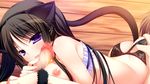  1girl 69 :d :p animal_ears ass black_hair blush bottomless breasts cat_ears censored fellatio game_cg garter_belt hetero highres kuchifusa_yogiri large_breasts licking long_hair looking_at_viewer lying mosaic_censoring nanaka_mai nipples on_stomach open_mouth oral penis pure_girl purple_eyes smile solo_focus tail tongue tongue_out 
