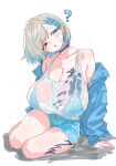  1girl :o ? absurdres arm_tattoo bare_shoulders blue_bra blue_eyes blue_shorts blue_sweater borrowed_character bra breast_tattoo breasts cleavage cloud collar collarbone dolphin_shorts drop_shadow earrings fang grey_hair hand_on_floor head_tilt heterochromia highres huge_breasts jewelry leg_tattoo looking_at_viewer multicolored_hair odoriba_ururu on_ground open_mouth original plamja_jukov red_eyes see-through_clothes short_hair shorts sitting solo sweatdrop sweater tank_top tattoo two-tone_hair underwear zig-zag_pattern 
