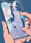  1boy 1girl barefoot bikini black_eyes black_hair breasts cellphone closed_mouth commentary_request expressionless ghost highres hitodama holding holding_phone jean_(jean_sp) navel original phone pov pov_hands sitting small_breasts smartphone soles stomach sweat swimsuit toes triangular_headpiece v white_bikini 