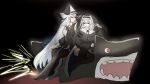  2girls arknights black_background black_dress black_hat black_thighhighs commentary dress dual_persona full_body grey_hair hat highres jewelry kaa_kappa long_hair long_sleeves looking_at_viewer multiple_girls necklace official_alternate_costume red_eyes riding shark simple_background sitting smile specter_(arknights) specter_the_unchained_(arknights) thighhighs untranslatable_commentary very_long_hair 