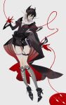  1girl arknights ascot belt_pouch black_shorts black_tailcoat blood breasts closed_eyes commentary entelechia_(arknights) facing_down full_body gloves grey_background grey_socks hair_horns hand_up high_heels highres juliet_sleeves kaifei_(kaifei_29) kneehighs leaning_to_the_side lipstick long_pointy_ears long_sleeves makeup medium_breasts mole mole_under_eye pointy_ears pouch puffy_sleeves red_gloves red_lips short_shorts shorts simple_background socks solo string string_of_fate thigh_strap untranslatable_commentary vampire white_ascot 