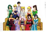  1boy 6+girls aino_minako artist_name back_bow bishoujo_senshi_sailor_moon bishoujo_senshi_sailor_moon_s black_eyes black_hair blonde_hair blue_bow blue_dress blue_eyes bow bowtie brooch chiba_mamoru chibi_usa choker closed_mouth collar commentary couch crescent crescent_earrings curtained_hair detached_collar double_bun dress dress_flower earrings elbow_gloves english_commentary fishnet_gloves fishnets flower formal_clothes frilled_dress frills fukano_youichi gloved_sleeves gloves green_bow green_dress green_eyes green_gloves green_hair green_shirt hair_bow hair_bun hair_ornament hand_in_own_hair hand_up hands_on_lap hands_up highres hino_rei interlocked_fingers jacket jewelry kaiou_michiru kino_makoto lipstick long_dress long_hair long_sidelocks looking_at_viewer luna-p makeup medium_hair meiou_setsuna mizuno_ami multiple_girls official_art on_couch open_clothes open_jacket open_mouth orange_choker orange_dress own_hands_together pants pearl_choker pink_dress pink_eyes pink_hair pink_lips ponytail puffy_short_sleeves puffy_sleeves purple_dress purple_eyes purple_flower purple_gloves purple_jacket purple_pants purple_rose red_bow red_collar red_dress red_flower red_gloves red_rose rose sash scan shirt short_hair short_sleeves sidelocks signature simple_background sitting skirt sleeveless sleeveless_dress smile standing strapless strapless_dress strapless_shirt ten'ou_haruka third-party_source tomoe_hotaru tsukino_usagi twintails v_arms very_long_hair wavy_hair white_background white_bow white_bowtie white_dress white_flower white_sash white_shirt white_skirt yellow_flower yellow_rose 