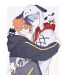  2boys animal_ears aoyagi_touya badtz-maru blonde_hair blue_hair commentary crossed_bangs crossover drawstring fake_animal_ears green_eyes grin hair_between_eyes hat highres hood hood_down hoodie hug long_hair looking_at_viewer male_focus multicolored_hair multiple_boys official_alternate_costume orange_hair parted_lips pochacco project_sekai red_hoodie sanrio shinonome_akito short_hair simple_background smile split-color_hair streaked_hair symuee two-tone_hair upper_body very_long_hair yaoi 