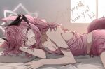  1girl ahoge animal_ear_fluff animal_ears artist_name bed_sheet breasts cleavage commentary_request commission commissioner_name commissioner_upload demon_horns dolphin_shorts fox_ears fox_tail glasses halo hand_on_own_head highres horns indoors kei11525 light_blush light_smile lilith_mori_(cynfritters) looking_at_viewer loose_tank_top lying lying_on_hand medium_hair midriff_peek on_bed on_side original petite pillow pink_eyes pink_hair pink_shorts pink_tank_top round_eyewear shorts skeb_commission small_breasts smile spaghetti_strap swept_bangs tail tank_top thank_you window wrinkled_fabric 