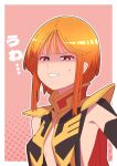  1girl absurdres armor armpits black_capelet breasts bright_pupils capelet clenched_teeth commentary_request elbow_gloves gloves gundam gundam_zz highres long_sidelocks looking_at_viewer naked_capelet neo_zeon no_shirt onimaru_(onimal7802) orange_hair pauldrons puru_two short_hair shoulder_armor sidelocks small_breasts solo teeth v-shaped_eyebrows white_pupils 