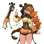 1girl arrow_(symbol) artist_name belt body_freckles braid braided_ponytail breasts brown_hair commentary corset creature_and_personification english_commentary fake_mouth farigiraf freckles giraffe gradient_hair hair_between_eyes highres hood hoodie hooves long_hair long_neck medium_breasts multicolored_hair multicolored_hoodie official_art_inset orange_hair orange_shorts personification pokemon pokemon_(creature) ponytail puffy_sleeves rhymewithray shorts smile thigh_freckles tongue twitter_username very_long_hair watermark white_background 