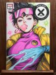  1girl abstract_background black_hair blowing_bubble_gum blue_gloves chewing_gum commentary cover_sketch earrings english_commentary gloves highres hoop_earrings jacket jewelry jubilee looking_at_viewer marker_(medium) marvel photo_(medium) pink-tinted_eyewear pink_eyes pink_shirt shirt short_hair signature solo stanley_lau tinted_eyewear traditional_media upper_body x-men yellow_jacket 